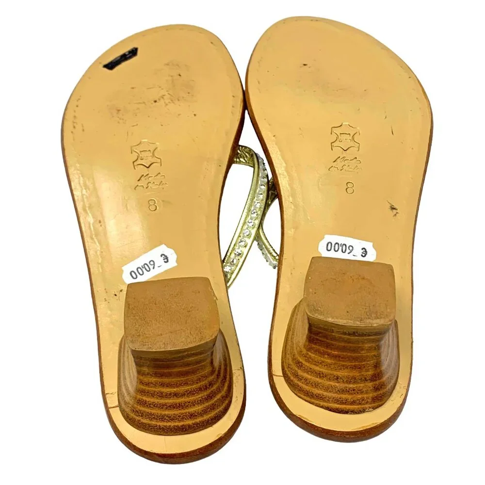 CAPRI‎ SANDALS CO. Gold Leather Rhinestone Thong Slide Sandals